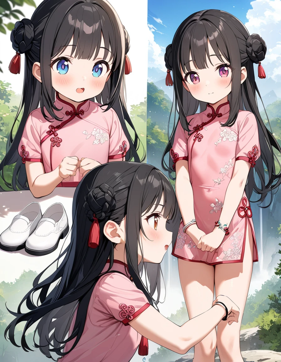 best quality, masterpiece, ultra resolution, super details, anatomically correct, 1 girl, solo, (multiple views:1.2), (:1.3), black hair, high quality hands, delicate hands, (two sides up), braided buns, Chinese-style coiled hair, (long hair), tassel hair accessaries, (headpieces), (pink cheongsam with embroiderment:1.2), (droplet collar:1.2), (see-through short sleeves), thin bracelet, bare legs, floral silk socks, (embroidered cloth shoes), white shoes, forest in a deep valley, sunny sky, white clouds, high quality background, depth of field