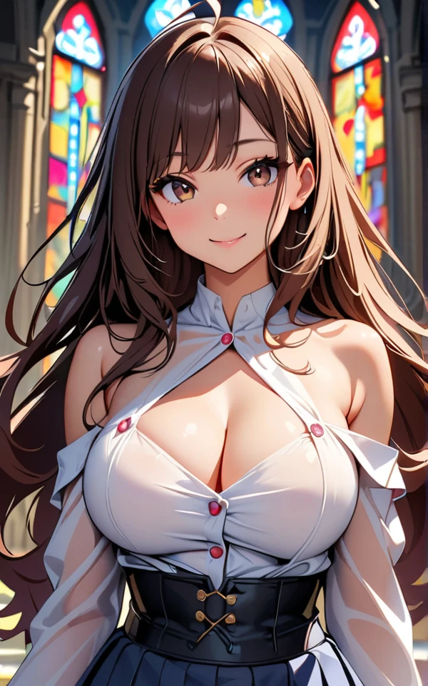 (masterpiece、Highest quality:1.2, Very detailed, up to date, Vibrant, Ultra-high resolution, High Contrast, masterpiece:1.2, Highest quality, Best aesthetics), (Small face), (Very detailedな肌:1.2), One Woman, (Brown Hair, Long Hair, Ahoge, Reddish brown eyes), (Slim figure:1.4, Woman with slim body and large breasts), Beautiful Eyes, Glossy Lips, Glowing Skin, Beautiful thighs, ((smile)), ((Random Pause:1.4)), (Off the shoulder, Elegant Dresses, Corset belt, Jewelry Products, Beautiful buttons, Long skirt with high waist, Dress designs that accentuate the bust), (Sexy Body), Perfect Fingers, Five Fingers, (church, Stained glass, Beautiful light), Background Blur,((Upper Body Shot))、