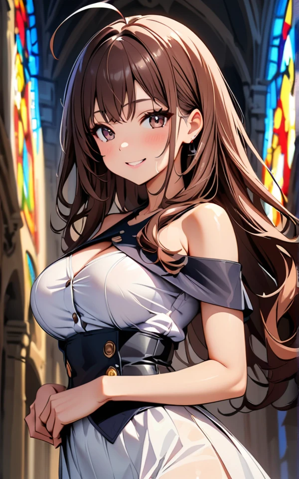 (masterpiece、Highest quality:1.2, Very detailed, up to date, Vibrant, Ultra-high resolution, High Contrast, masterpiece:1.2, Highest quality, Best aesthetics), (Small face), (Very detailedな肌:1.2), One Woman, (Brown Hair, Long Hair, Ahoge, Reddish brown eyes), (Slim figure:1.4, Woman with slim body and large breasts), Beautiful Eyes, Glossy Lips, Glowing Skin, Beautiful thighs, ((smile)), ((Random Pause:1.4)), (Off the shoulder, Elegant Dresses, Corset belt, Jewelry Products, Beautiful buttons, Long skirt with high waist, Dress designs that accentuate the bust), (Sexy Body), Perfect Fingers, Five Fingers, (church, Stained glass, Beautiful light), Background Blur,((Upper Body Shot))、