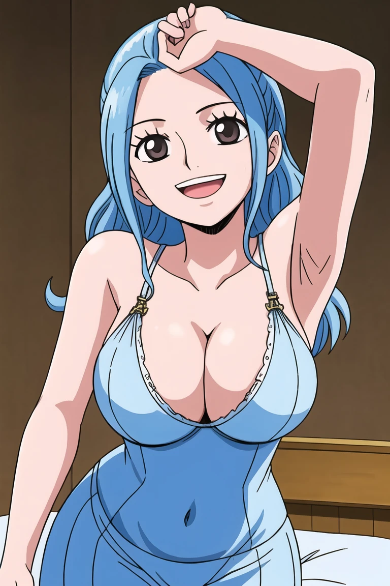 1girl, smile, close up, castel, blue hair,happy, room, big breasts, grey eyes, cleavage, bed, navel, blush, hands on own breasts, grabbing breasts, grab breasts, shy, breasts out, armpits, sweaty armpits