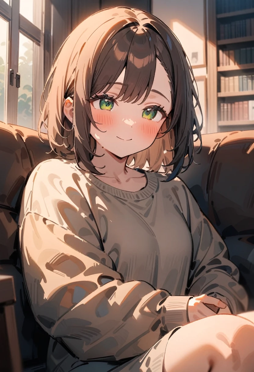 masterpiece, best quality, very aesthetic, absurdres, newest, 1girl, asymmetrical bangs, tareme, 1girl, solo, late twenties, short brown hair, green eyes, looking at photo, slight smile, cozy living room, warmly lit, bookshelf, comfortable sofa, serene mood, hopeful mood, sitting, upper body