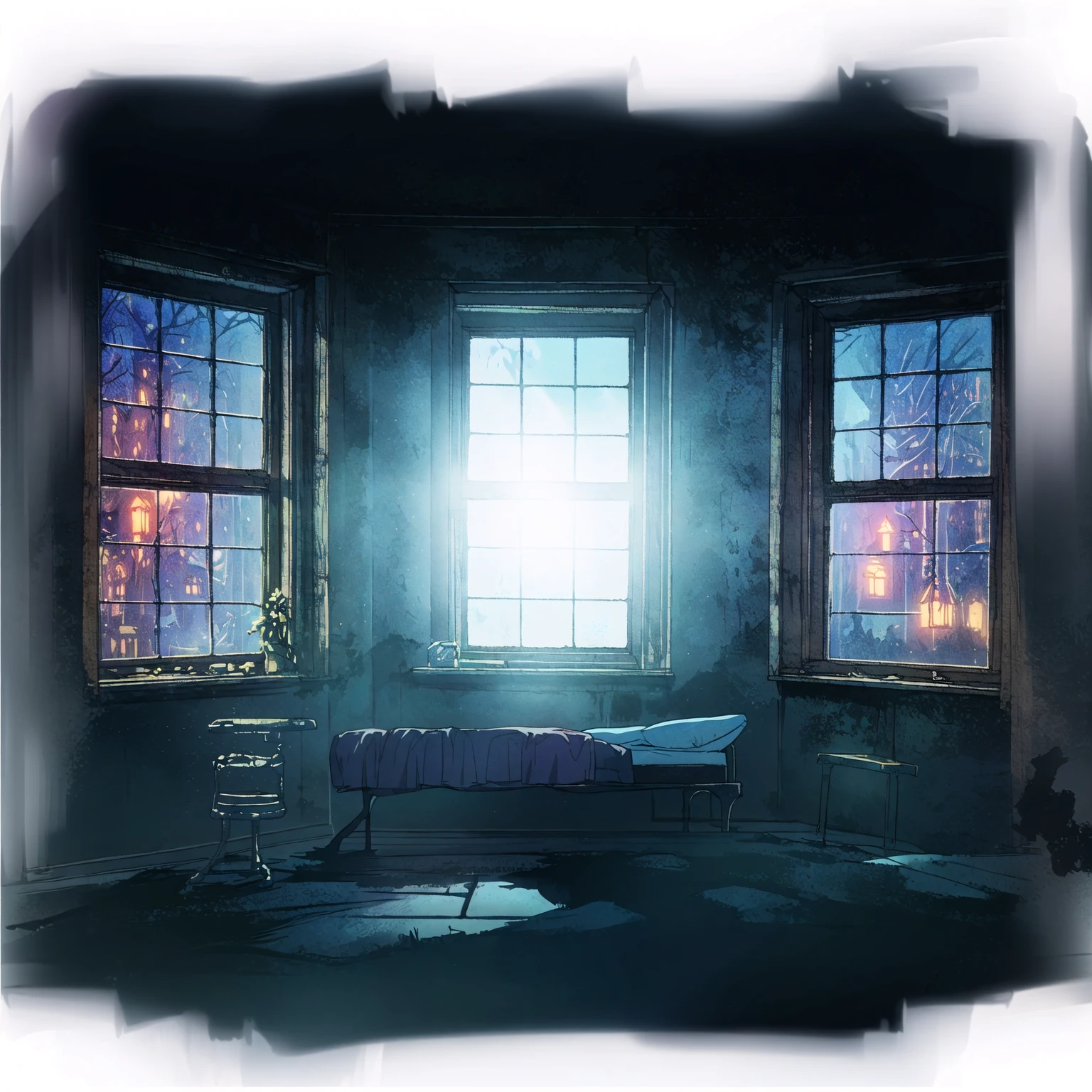 There is a bed in the room,There are two windows, Spooky room,Suspenseful and weird room,Anime style,Fifth Personality, photorealistic dark Concept Art, Spooky room, eerie nostalgic Concept Art, Horrifying Room, Dramatic Lighting. Concept Art, resident evil virus Concept Art, in a darkly lit laboratory room, Interior of the post-apocalyptic room, Haunted House, Scenes