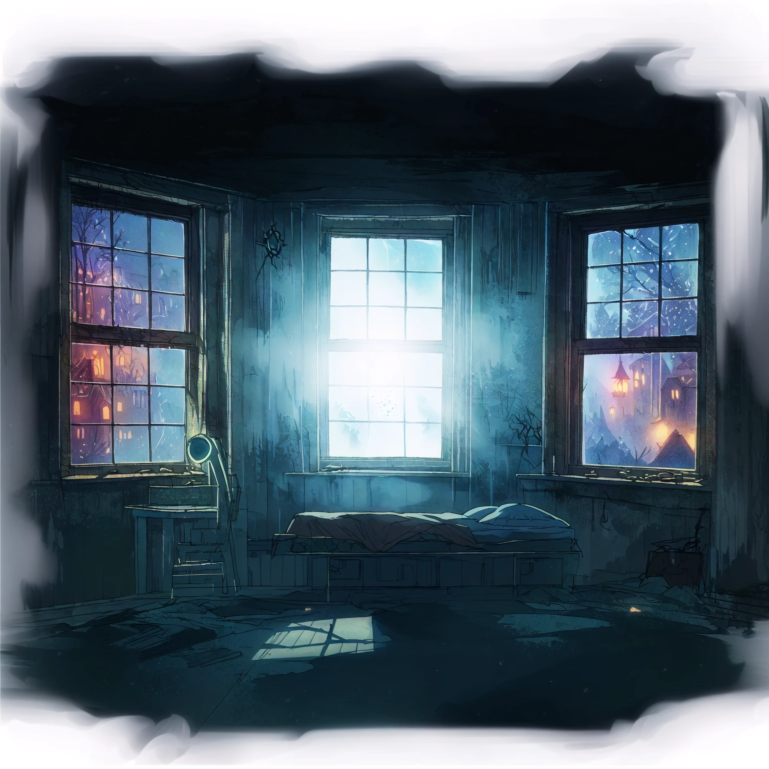 There is a bed in the room,There are two windows, Spooky room,Suspenseful and weird room,Anime style,Fifth Personality, photorealistic dark Concept Art, Spooky room, eerie nostalgic Concept Art, Horrifying Room, Dramatic Lighting. Concept Art, resident evil virus Concept Art, in a darkly lit laboratory room, Interior of the post-apocalyptic room, Haunted House, Scenes