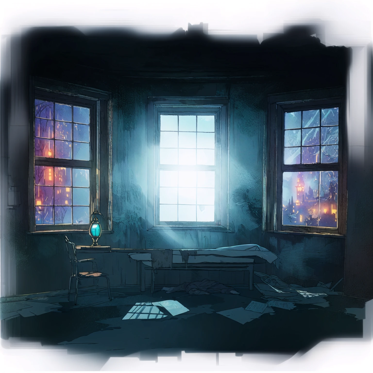 There is a bed in the room,There are two windows, Spooky room,Suspenseful and weird room,Anime style,Fifth Personality, photorealistic dark Concept Art, Spooky room, eerie nostalgic Concept Art, Horrifying Room, Dramatic Lighting. Concept Art, resident evil virus Concept Art, in a darkly lit laboratory room, Interior of the post-apocalyptic room, Haunted House, Scenes