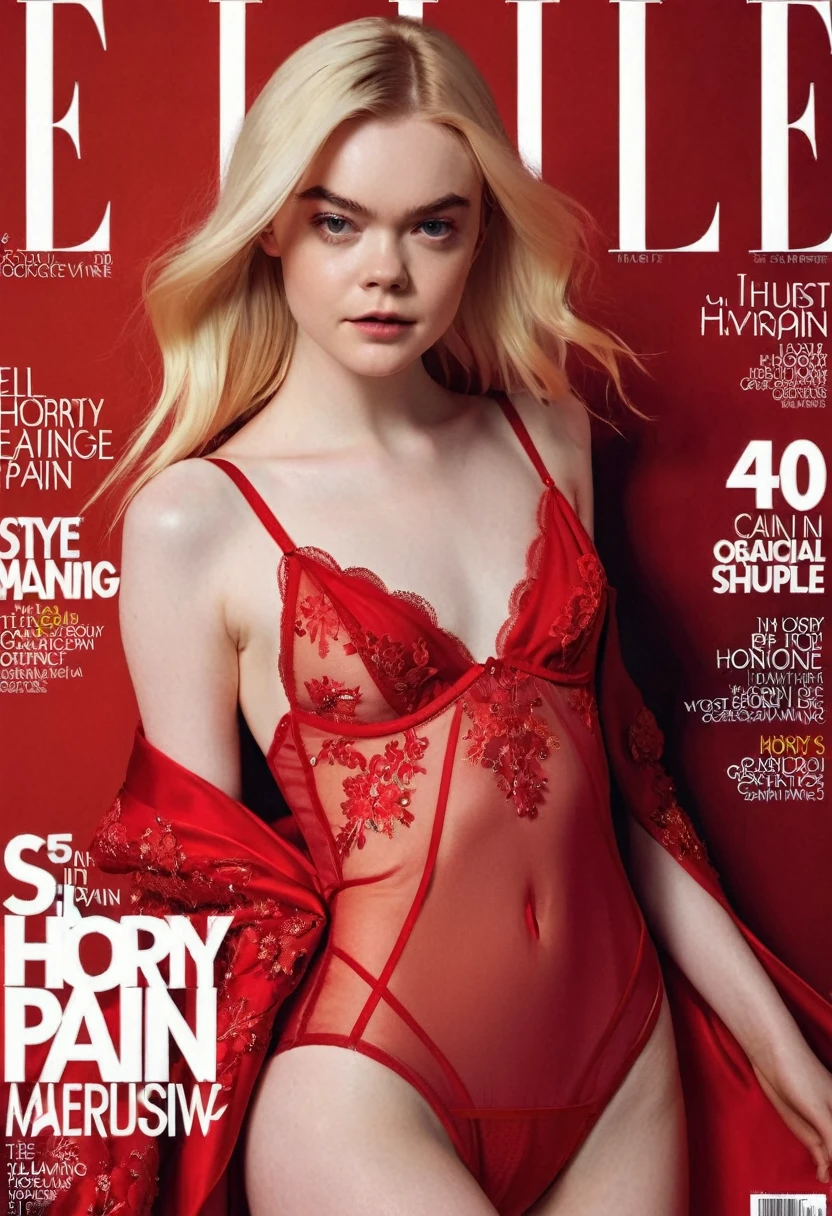 portrait photo of (Elle Fanning) in a red sheer lingerie, (long hair), posing for a picture, ziprealism, for cosmopolitan, realistic skin texture, softcore, warm lighting, simple background, magazine cover style, (horny,moaning, screaming in pain,orgasm:1.5), epic character composition, by ilya kuvshinov, alessio albi, nina masic,