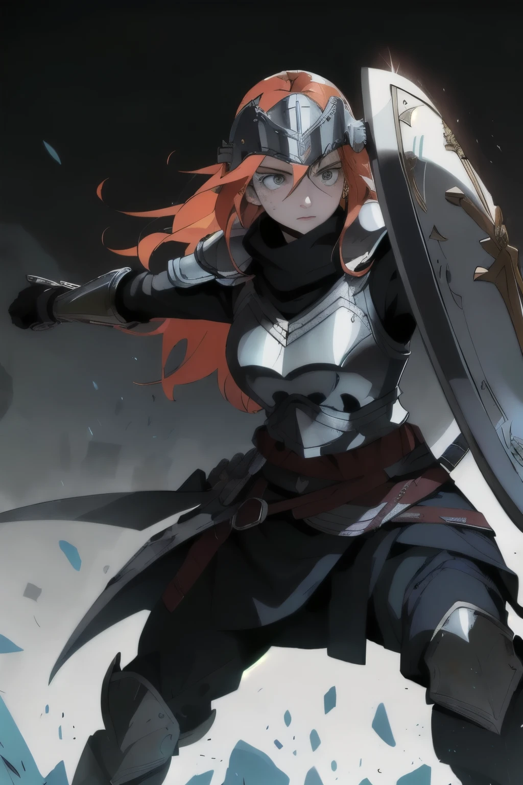 > work of art, high qualiy,, freckles, long hair, russet hair, grey-eyed, armors, Hoplita, helmet, shield, female, battle pose, attacking with the sword, perfect eyes looking to enemy, perfect face