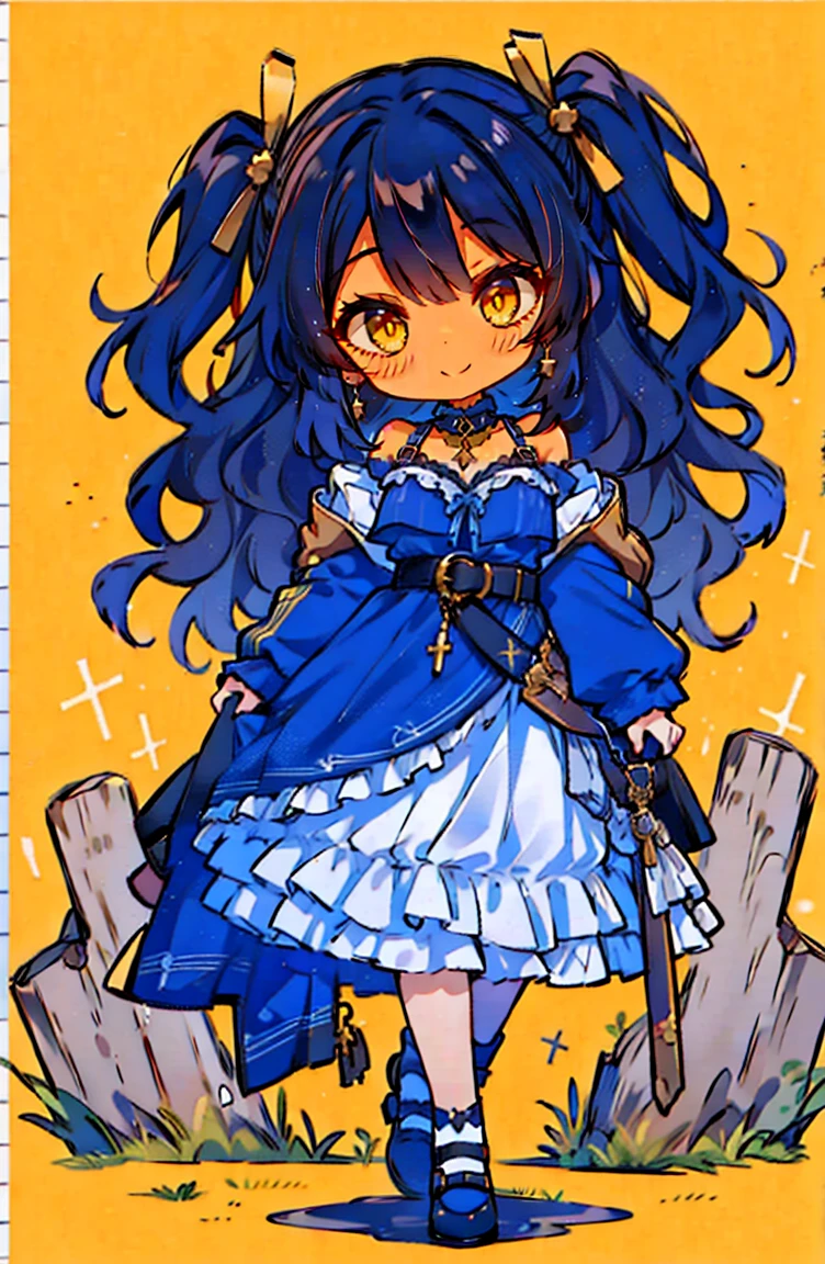 (masterpiece:1.2), (high quality:1.2), hui xiyi, rekkyo sensen, rekkyou sensen, (full body, white skin, chibi girls:1.45), solo focus, girls with((black hair, tits cleavage, exposed breasts, breasts close up, dress, (blue clothes:1.3), ribbon belt, off-shoulder sleeves, long sleeves, off shoulder jacket, frills shirt, frills camisole, straps, (ribbon tie, rosary choker, golden rosary, cross:1.05), upper body, (long wavy hair, one side up:1.4)))