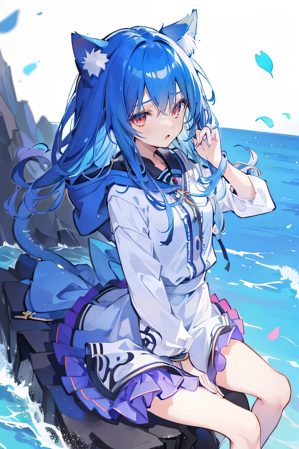 （masterpiece：1.2），Super detailed，lifelike，Expressive eyes，fair skin，perfect face shape，1 girl，
Japanese comics,Gorgeous blue hair,flowing blue hair,flowing clothes,Cat ears,Petals fall,beautiful lola,Baby Angel,
Shaking head with one hand，Cross your legs，Gentle and peaceful background，,smile, wearing hoodie, Clear sky，seaside，Clear blue sky，Clear World。