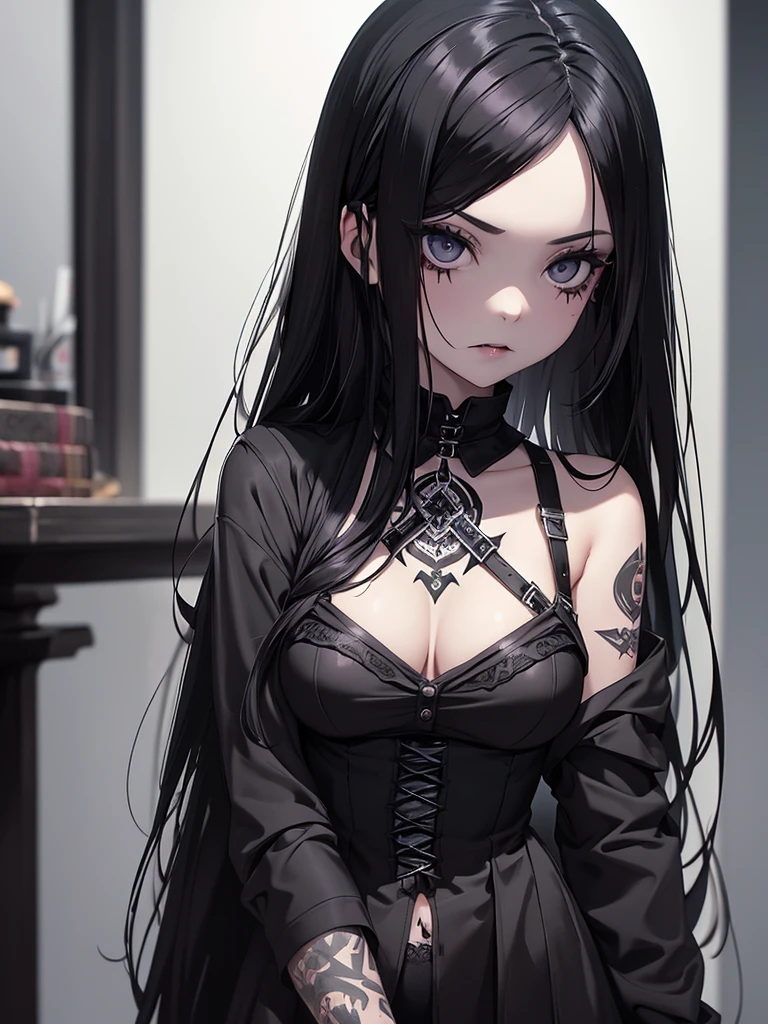 Gothic girl, one girl black hair, black lip, black underwear, black eyes, medium breasts,tattoo, full tattoo on body, long hair, straight hair, \Wednesday (Addams\) 