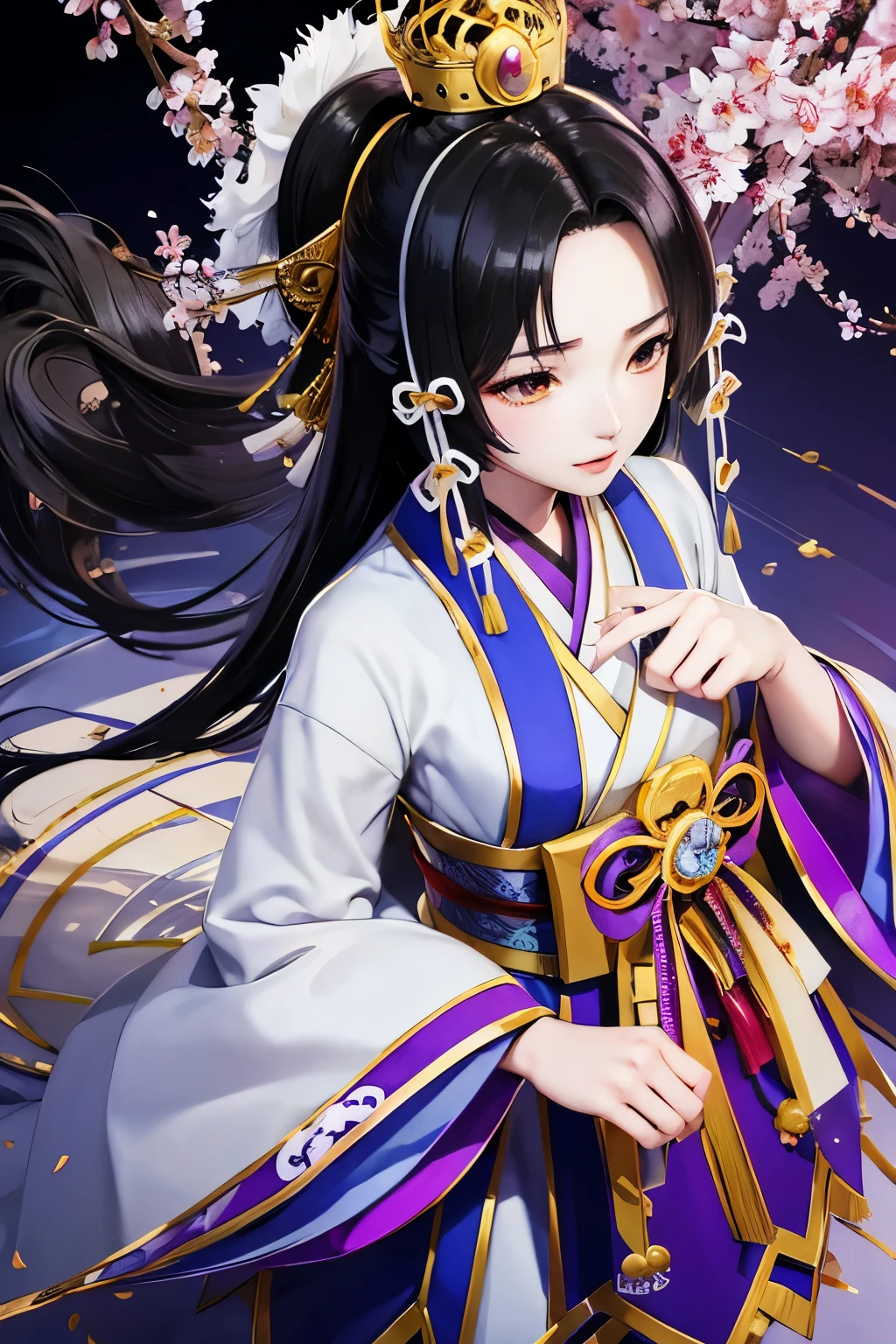 Kaguya、Kaguya、kaguya、Warriors Series、Unparalleled OROCHI、Black Hair、Straight Long、crown、Immortal、Resident of the fairy world、sakaki、sakakiの枝葉を持つ、（（（ＳＦＷ、sound、Highest quality、first-clasasterpiece、Normal body、8K、Detailed face、Ultra-precision、Normal hand、Normal finger、５Finger、Highest）））