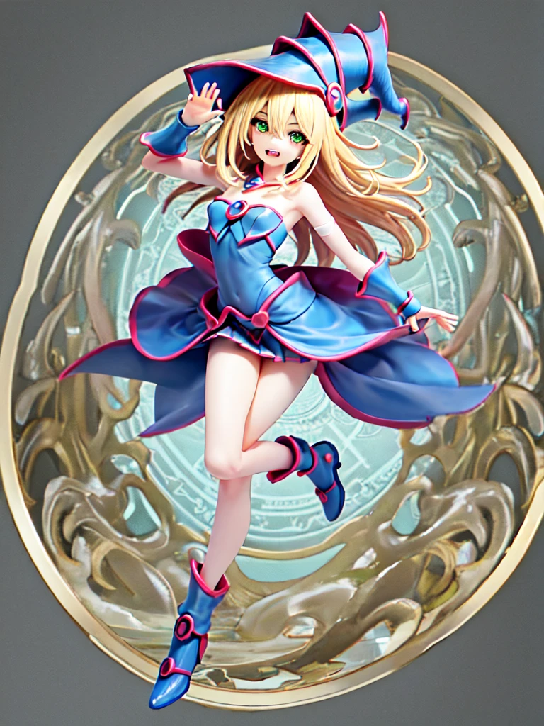 dark magician girl, Super detailed, Very detailed, masterpiece, Highest quality, Highest quality, Absurd, High resolution, Black Magician Girl, (One girl:1.2), alone, Detailed face, Dynamic pose, Hair flow, (whole body:1.1), Blonde, Long Hair, View your viewers, Green Eyes, Skin Dentition, Detailed skin, Skin pores, (Shiny skin, Shiny skin:1.1), Rosy skin detail, chest, Manicure, skirt, Blue footwear, Blue hat, Wizard's Hat, Cane, I have a hat, (Blue panties:0.9), (Summoning array:1.1), Sixty-four trigrams, Pentacles, Pentagram, Yu-Gi-Oh!, Duel Monsters, Purple magic field, shine, Detailed Background, Complex background,