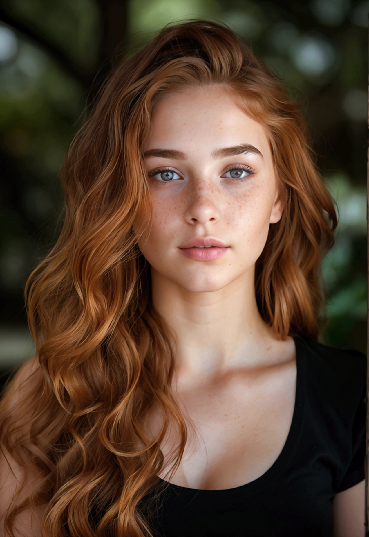 Young woman with fair skin, adorned with freckles on her cheeks, Full body photography, displays an athletic figure. The ultra-realistic photograph, large breasts, taken with a high-fidelity camera, captures every intricate detail of her skin texture, the vibrant color and natural curls of her red-brown hair, and the captivating depth of her brown eyes. Her curly locks cascade down in luscious waves, each strand shimmering under the soft, natural light. The freckles on her cheeks add a charming touch to her flawless complexion, giving her a youthful and playful look. photograph taken at night. She is wearing jeans and a black t-shirt, full body photography, photograph taken at night.
