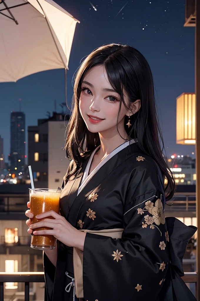 (masterpiece), best quality, expressive eyes, perfect face, At night, under the city lights, on a balcony of an apartment, a A beautiful black-haired woman in a kimono drinks beer, smiling, under the moon and stars, feeling the night breeze.