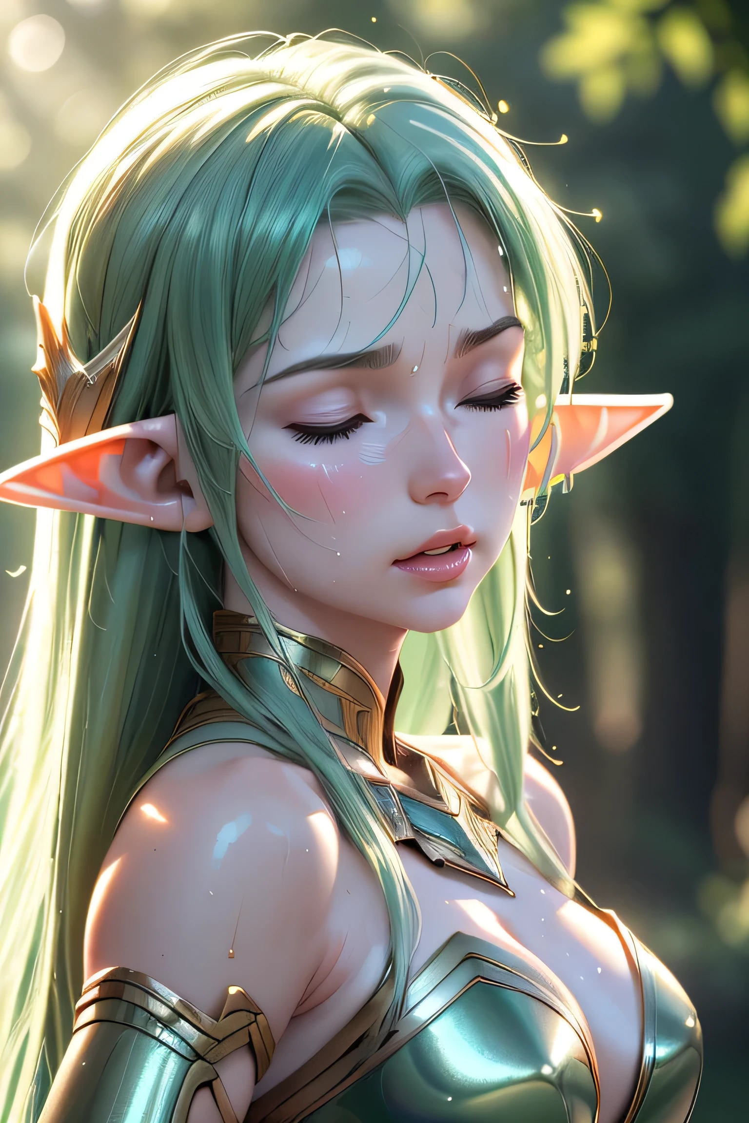 (best quality,4k,8k,highres,masterpiece:1.2), elf adventurer, closed eyes, lips parted, blushing, glistening skin, sweaty, (ultra-detailed body),
Break (from front:1.5),
Break (face close-up), fantasy, cinematic, volumetric lighting, soft lighting,