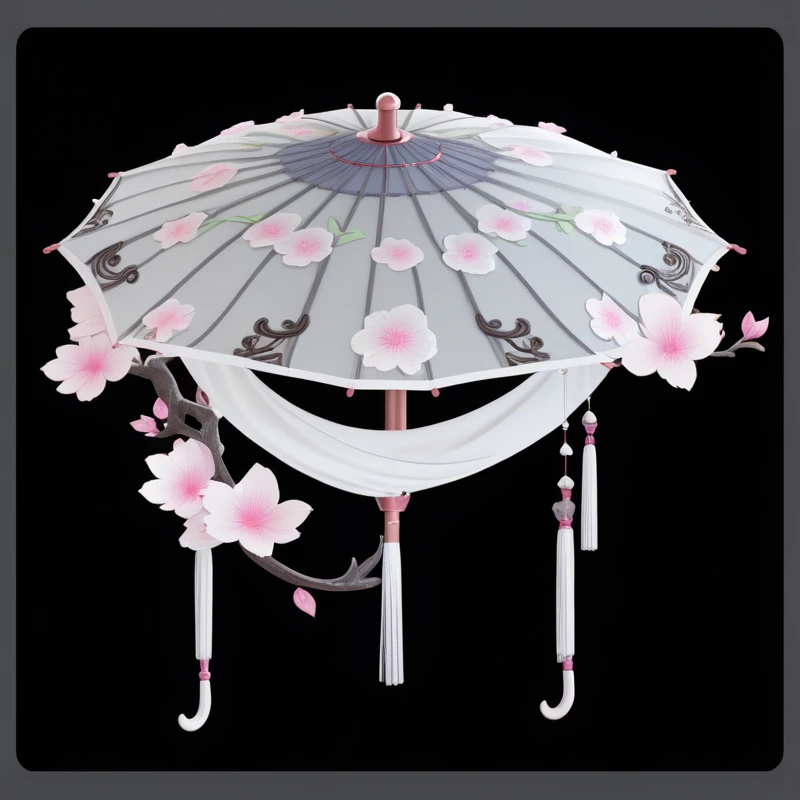 there is a white umbrella with pink flowers on it, 阳umbrella, Onmyoji detailed art, Concept Art, umbrella, Concept Art, 阳umbrellas, an umbrella top, Concept Art!, object Concept Art, depicted as a 3 d render, Concept Artwork, mushroom umbrella, drizzle, umbrellas, Concept Art!!, Prop Design, Sakura season dynamic lighting, Game assets