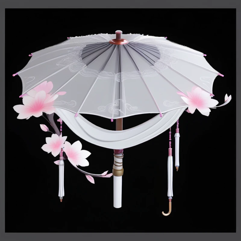 there is a white umbrella with pink flowers on it, 阳umbrella, Onmyoji detailed art, Concept Art, umbrella, Concept Art, 阳umbrellas, an umbrella top, Concept Art!, object Concept Art, depicted as a 3 d render, Concept Artwork, mushroom umbrella, drizzle, umbrellas, Concept Art!!, Prop Design, Sakura season dynamic lighting, Game assets
