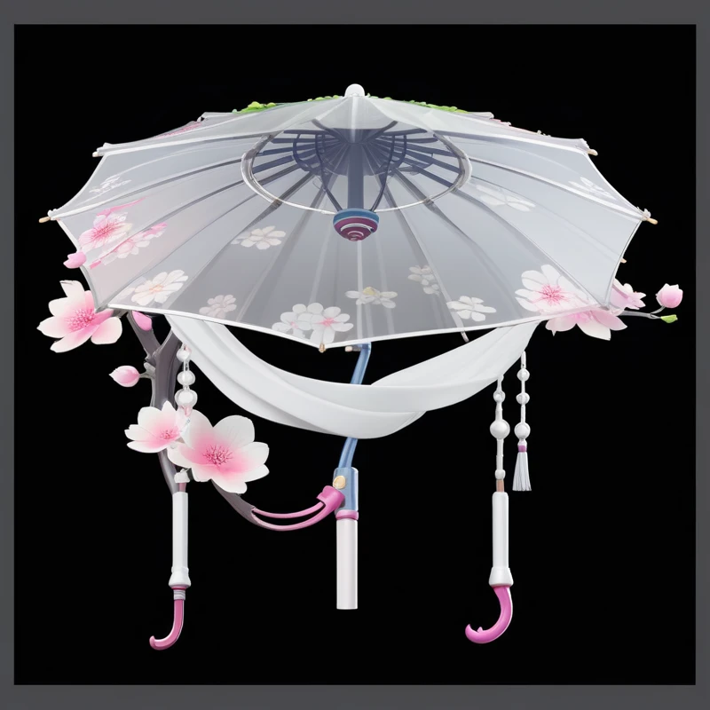 there is a white umbrella with pink flowers on it, 阳umbrella, Onmyoji detailed art, Concept Art, umbrella, Concept Art, 阳umbrellas, an umbrella top, Concept Art!, object Concept Art, depicted as a 3 d render, Concept Artwork, mushroom umbrella, drizzle, umbrellas, Concept Art!!, Prop Design, Sakura season dynamic lighting, Game ets