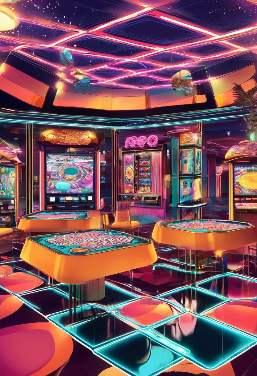  Neo-Vintage Reverie" reimagines in an illustration elements of a gaming casino style of past decades with a modern and futuristic touch. Inspiring the glamor and elegance of the 70s and 80s, fusing them with contemporary and technological elements to create a nostalgic but innovative look <lora:One_Point_Perspective:1
