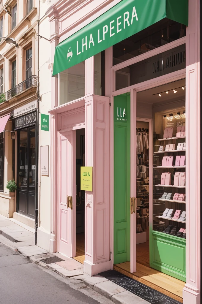 Create a logo for an accessories store, Chama Lria store, colors: light pink, Green Lemon, beiges, cursive letters 