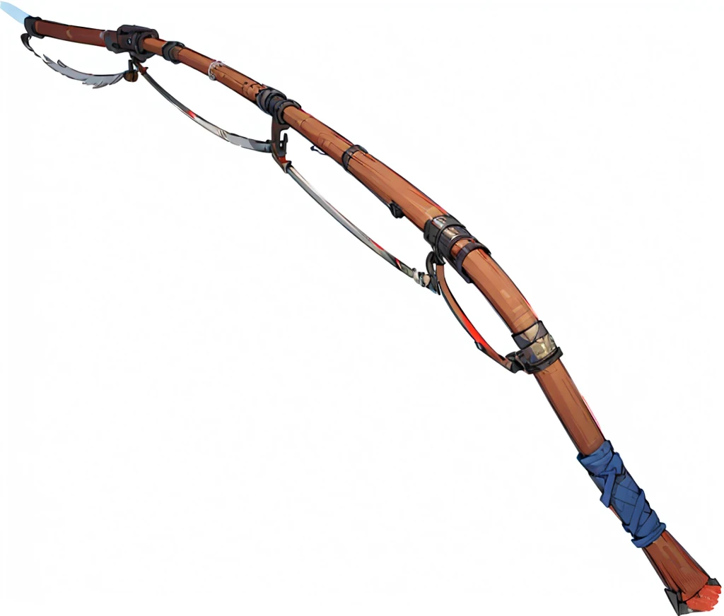 A long wooden pole，Red handle, Magic Fishing Rod Weapon, Fishing rod, realistic lance, magical longbow, wielding the naginata, High detail rendering, Advanced Texture Rendering), longbow, swinging reflective katana, rendered with blender, Advanced Texture Rendering, arrowed longbow