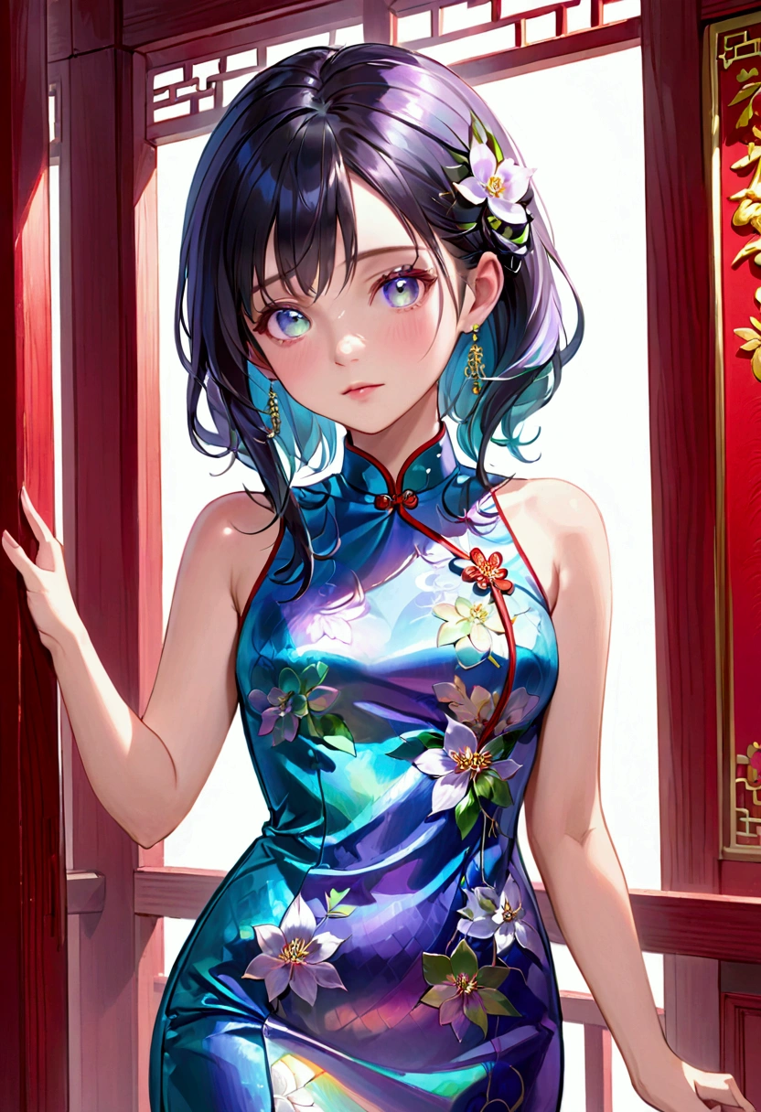 (masterpiece), best quality, expressive eyes, perfect face, Adult Female,long dark iridescent hair, iridescent eyes, small waist, , cheongsam