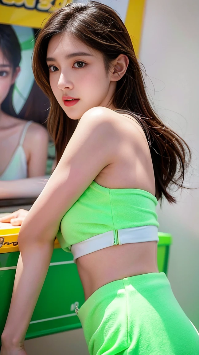 a girl in white and green shorts bikini ,in the style of artgerm,honeycore,shilin huang,candid,shiny,cartoon mis-en-scene,photo-realistic