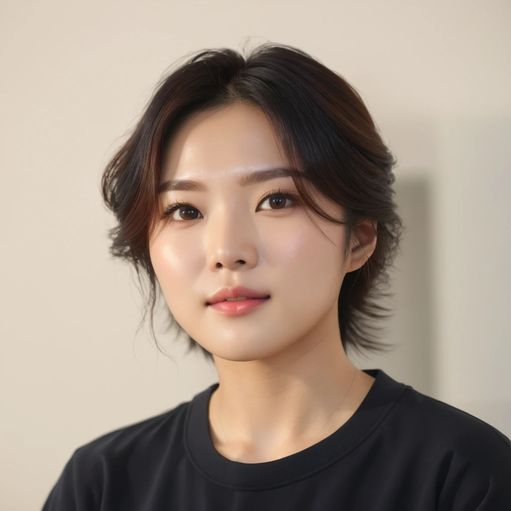 Best Quality, 8k, Masterpiece, (Portrait: 1.3), (photo realistic:1.4), (hyper realistic:1.4), Sharp Focus, looking at viewer, (smoother lighting:1.1), (increase cinematic lighting quality:0.9), realistic lighting, backlighting, light on face, ray trace, (brightening light:1.2), (Increase quality:1.4), sharp detail, (best quality real texture skin:1.4), finely detailed eyes, black_eyes, finely detailed face, 25 year old Korean woman, (white formal_shirt:1.4), (Create an image maintaining the original base model hairstyle:1.5)
