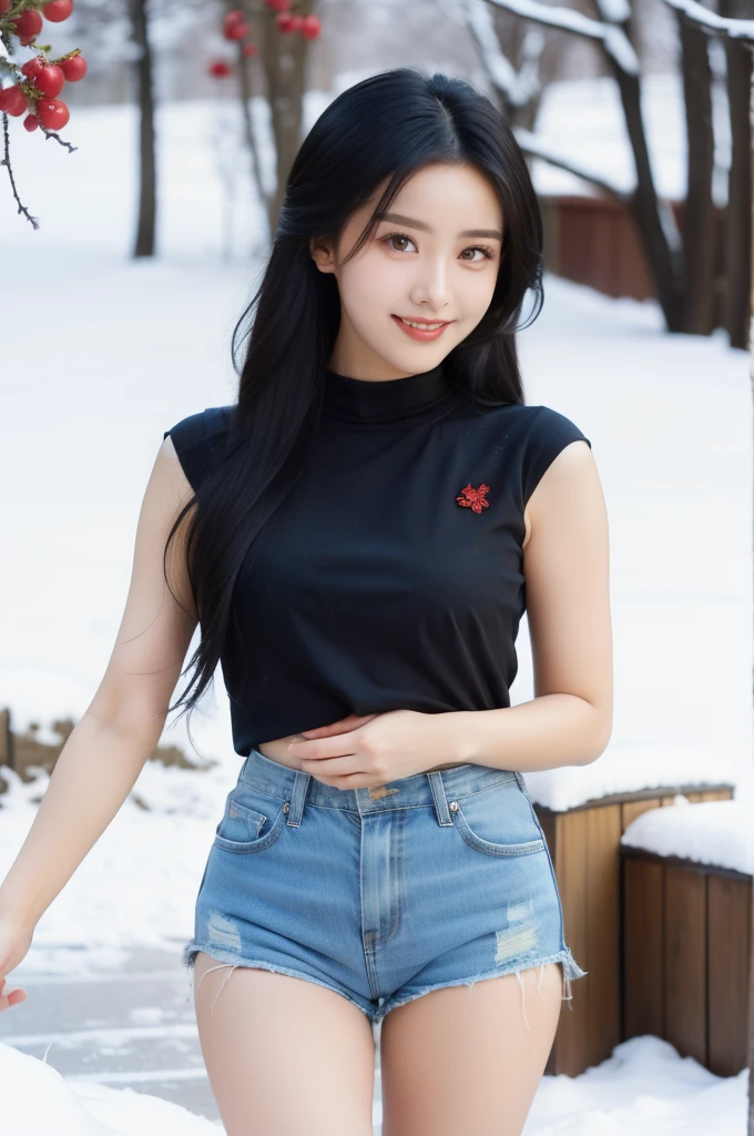 In the cold winter,a beautiful girl stands gracefully in a black sweater and denim shorts. She has black hair and vibrant purple eyes. Snowflakes fall gently on her hair and clothes as she stands elegantly in the snowy landscape. The background is adorned with red flowers,creating a striking contrast with the white snow. With her long legs and captivating curves,she adds a touch of beauty to the entire scene.,