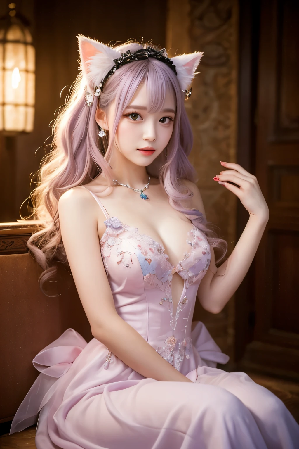 A young woman with long, wavy pastel-colored hair sits gracefully, dressed in an elaborate, fantasy-themed gown. The gown features a mix of soft pastel colors, including pink, blue, and lavender, adorned with sparkling embellishments and a large bow at the bust. She has a pair of large, fluffy cat ears on her head, matching her soft, fluffy tail. Her eyes are large and expressive, with a gentle and inviting expression. The scene is softly lit with a magical, dreamy ambiance, highlighting her smooth skin and the intricate details of her outfit. She wears delicate jewelry, including a butterfly hair clip, adding to the whimsical nature of her appearance. The background is soft and blurred, enhancing the ethereal feel of the image.