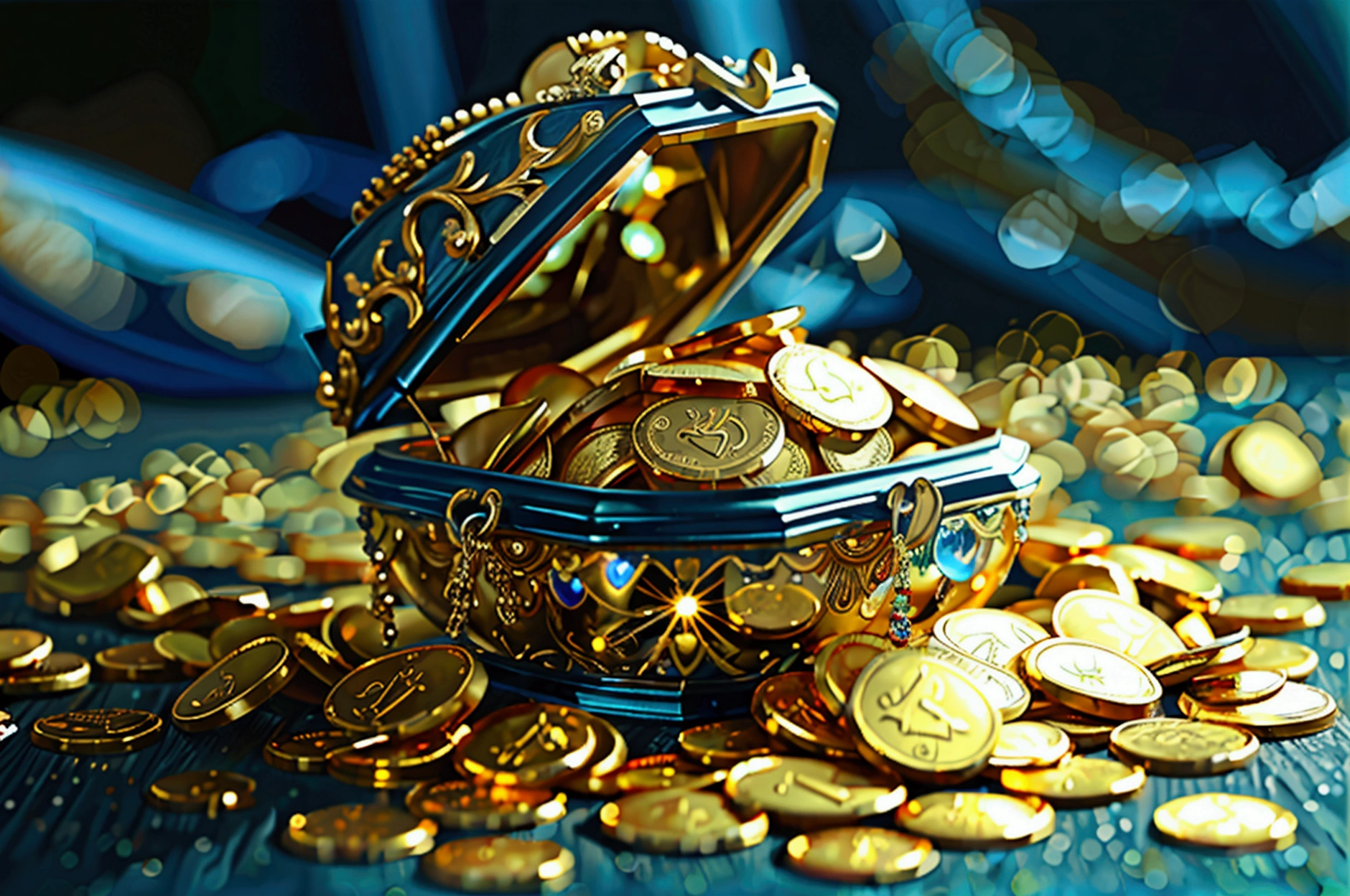 a highly detailed golden treasure, gold coins, gemstones, jewellery, sparkling, glowing, shimmering, opulent, lavish, ornate, exquisite details, intricate designs, reflective surfaces, dramatic lighting, cinematic composition, masterpiece, photorealistic, 8k, hyper detailed