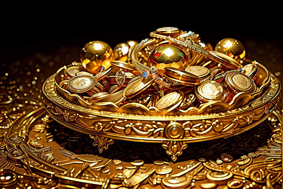 a highly detailed golden treasure, gold coins, gemstones, jewellery, sparkling, glowing, shimmering, opulent, lavish, ornate, exquisite details, intricate designs, reflective surfaces, dramatic lighting, cinematic composition, masterpiece, photorealistic, 8k, hyper detailed