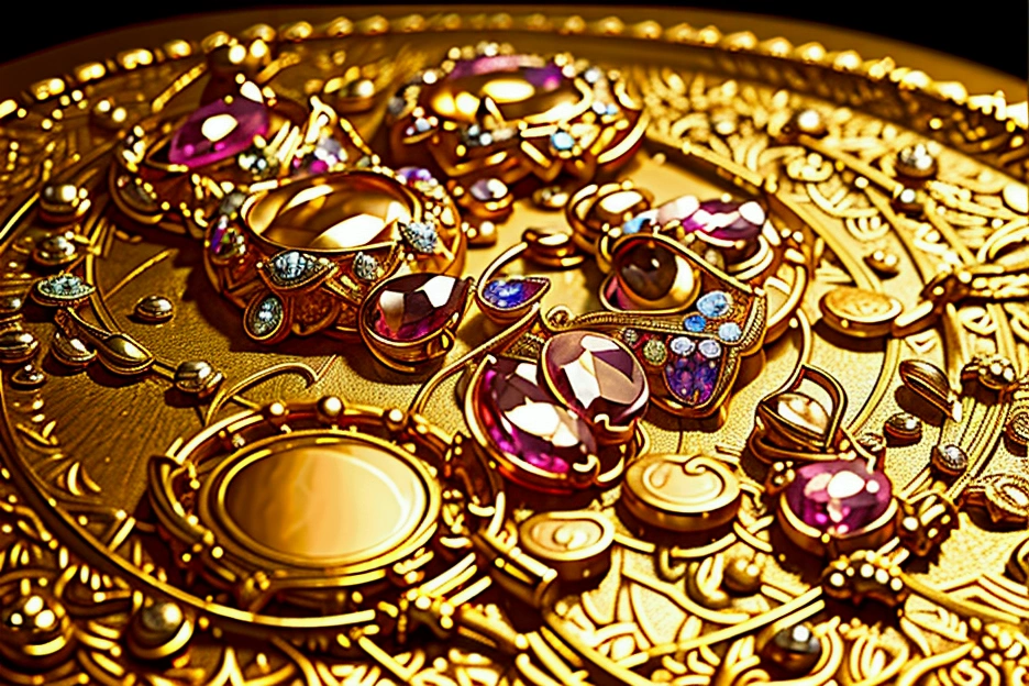 a highly detailed golden treasure, gold coins, gemstones, jewellery, sparkling, glowing, shimmering, opulent, lavish, ornate, exquisite details, intricate designs, reflective surfaces, dramatic lighting, cinematic composition, masterpiece, photorealistic, 8k, hyper detailed