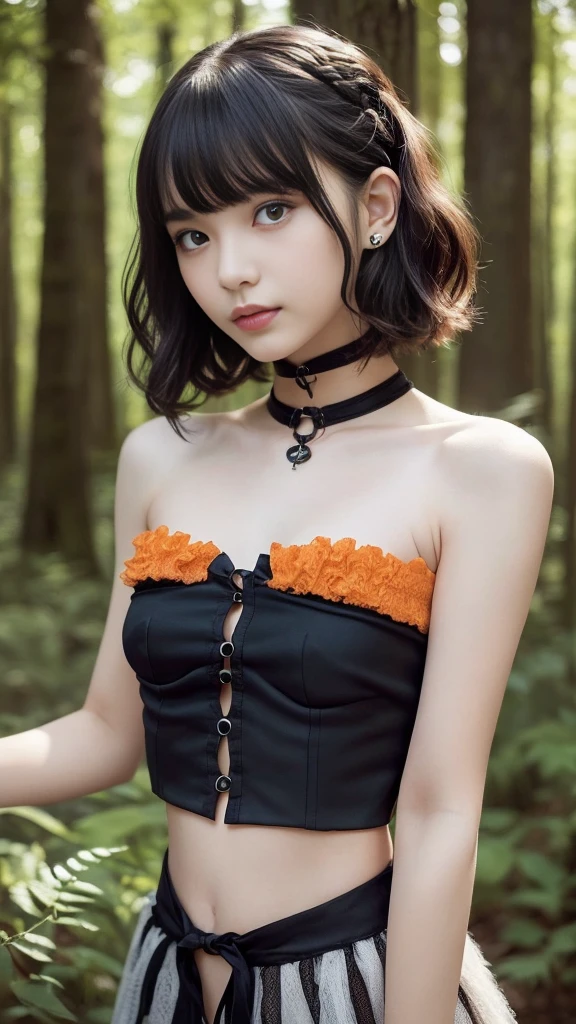 nsfw,(Highest quality, Very detailed, masterpiece:1.2), 1 female, Very thin body, length, Thin legs, ((Black wavy short hair:1.2)), ((Thick and fluffy bangs)), Very detailedな顔,A faint smile, small, Thin Nose, small thin mouth, Extremely sharply focused eyes, Japanese, Beautiful Face, Realistic eyes, Beautiful and beautiful eyes, Realistic Skin, Beautiful Skin, charm, (Lively Faces), Beautiful Hairstyles,((Victorian Style ),(Strapless cropped tops:1.5), (Strapless:1.5), (Underbust:1.4), (Bare shoulders:1.5),(Fluorescent bikini pants), Gothic design, Creepy and unique hairstyles, High resolution, Vibrant color palette, Mysterious and mysterious tree々In the woods of, Amazing place, Tim Burton's signature dark shadows and strange details, Shooting from below,background, One leg on the tree