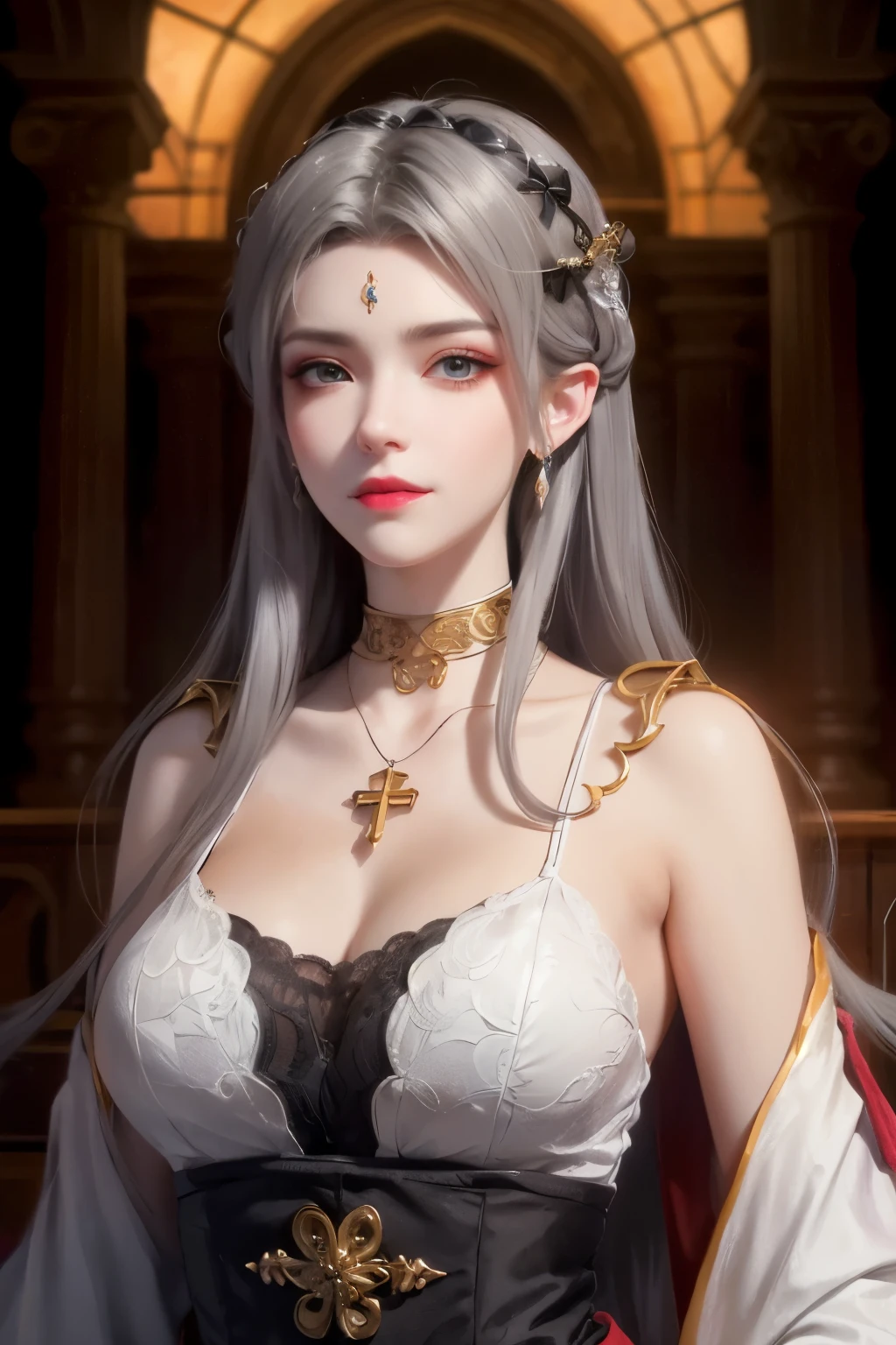 Silver-haired woman、busts、de pele branca、Left and right symmetrical eyes、A detailed eye、Shining sky blue eyes、Gold hair ornament、Mosaic pattern background、spot light、highcontrast、Impressive shading、Detailed shading、Perfectly crafted work、​masterpiece、top-quality、Top image quality、NSFW