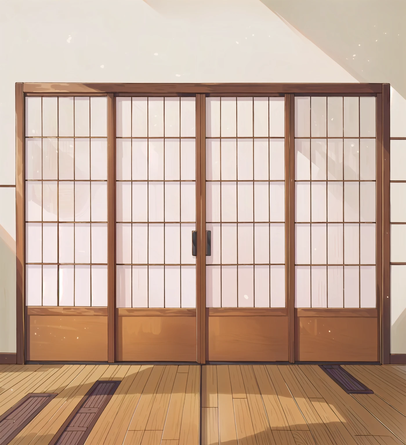 There is a room with sliding doors and wooden floors, Anime style， clear glass wall, Wooden wall, Japanese Collectibles, Traditional Japanese, with clear glass, Japanese style, edo style, Japanese design, Inspired by Ogata Korin, Doors and Windows, Large Windows, glass wall, Japanese Houses, In an apartment in Japan