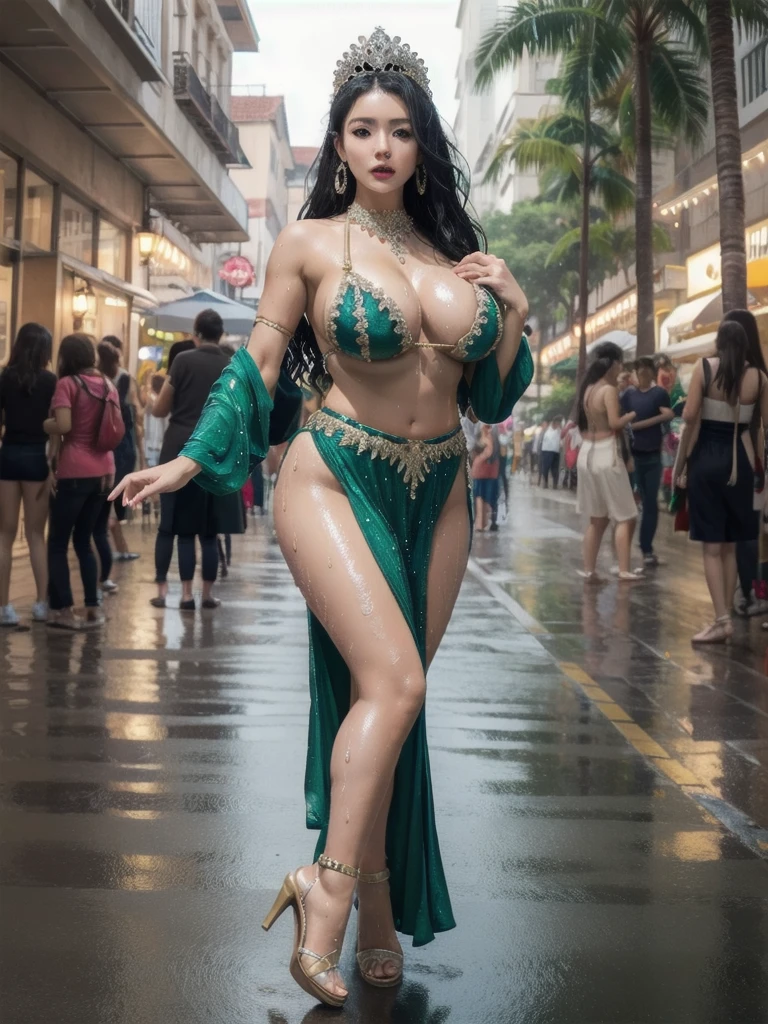 Samba girls dancing on the street, BREAK Nova, Brazilian girl, beautiful girl, gorgeous actress, stunning green eyes, extra long wavy black hair, highly detailed hair, perfect face, beautiful face, perfect female body, mature female,Samba crown, Samba dancing dress,Samba necklace,Samba earrings,Samba jewels,Samba jewelry,Samba head ornaments,Samba hands ornaments,Samba legs ornaments,high heels,huge breasts,large breasts,big boob,Burst breasts,Big breasts,Plump breasts,Expose breasts,bare breasts,Narrow waist,Bare ass,big ass,bare belly,bare navel,wet,wet body,sweating body,shiny skin,pubic hair,intricate details, ((cinematic light)),
