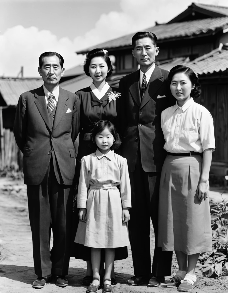 Black and white photography、Photographed in 1942、Manzana－A photo of a Japanese family held in the Lu Internment Camp、Photo of parents and three children