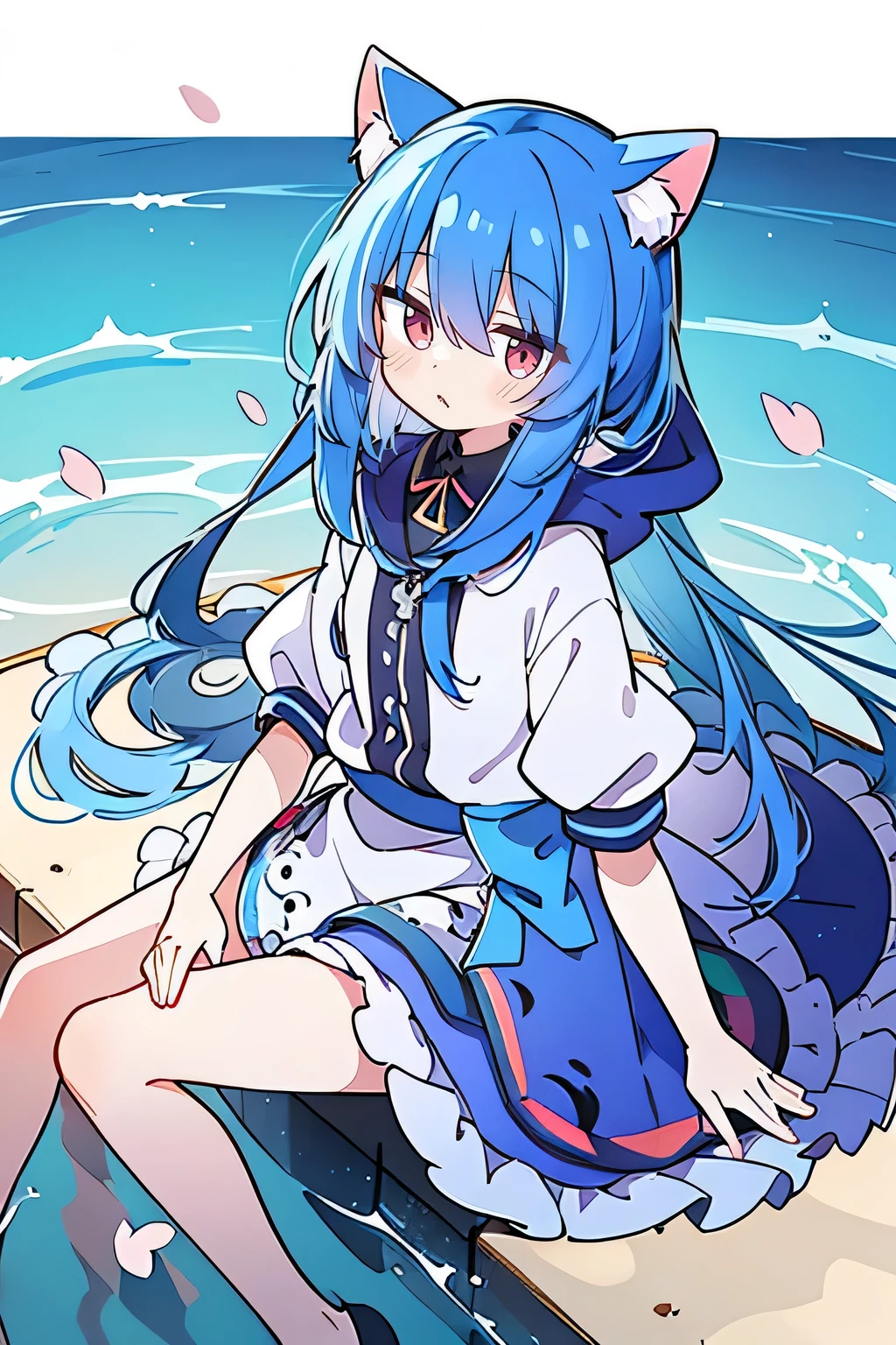 (masterpiece:1.2),Super detailed,lifelike,Expressive eyes,fair skin,perfect face shape,1 girl,
Japanese comics,Gorgeous blue hair,flowing blue hair,flowing clothes,Cat ears,Petals fall,beautiful lola,Baby Angel,
Shaking head with one hand,Cross your legs,Gentle and peaceful background,,smile, wearing hoodie, Clear sky,seaside,Clear blue sky,Clear World。