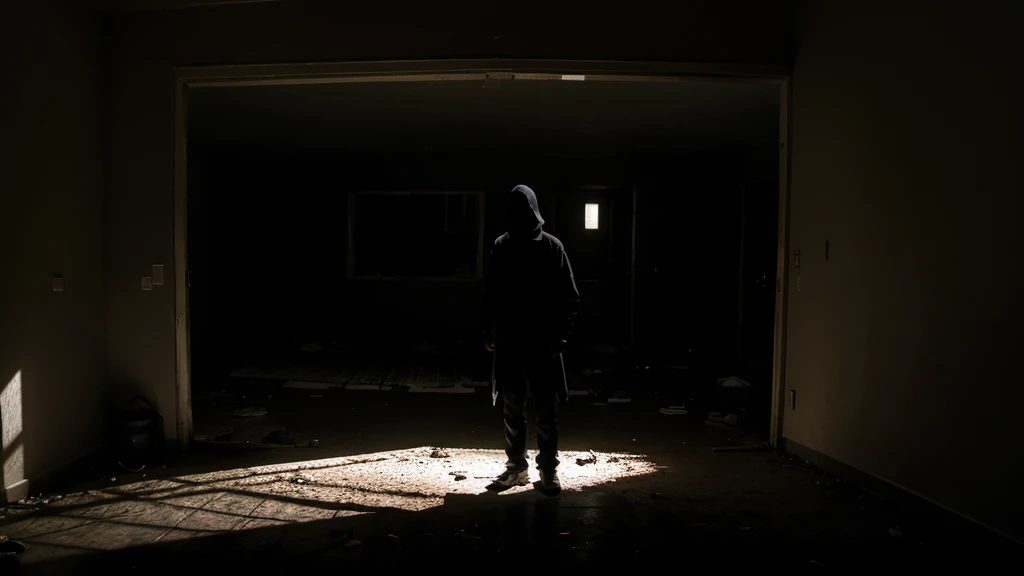 a scary shadowy figure standing in abandon home in darkness.
