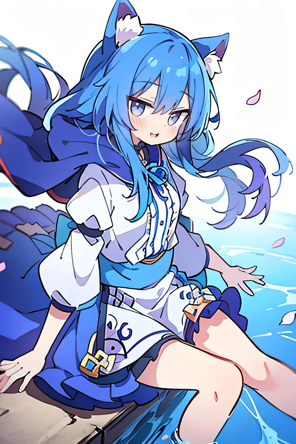 (masterpiece:1.2),Super detailed,lifelike,Expressive eyes,fair skin,perfect face shape,1 girl,
Japanese comics,Gorgeous blue hair,flowing blue hair,flowing clothes,Cat ears,Petals fall,beautiful lola,Baby Angel,
Shaking head with one hand,Cross your legs,Gentle and peaceful background,,smile, wearing hoodie, Clear sky,seaside,Clear blue sky,Clear World。