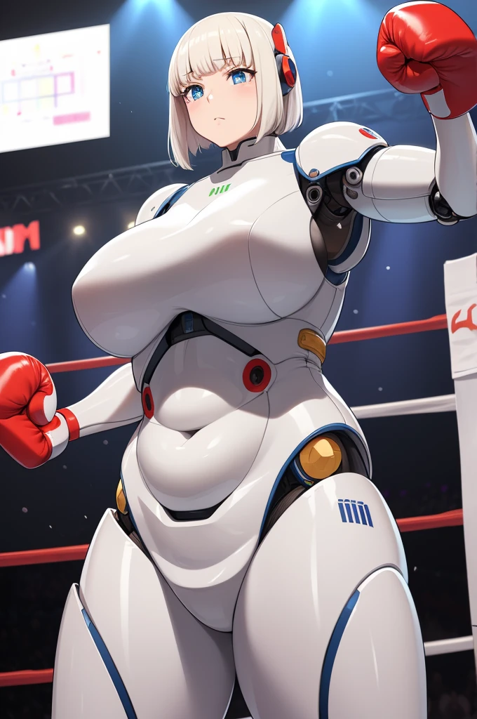 masterpiece, best quality, extremely detailed, Japanese android girl,Plump ,control panels,robot arms,robot,android,cyborg,white robot body,ceramic body,perfect robotgirl,blunt bangs,boxer,glove,boxing ring,blue eyes