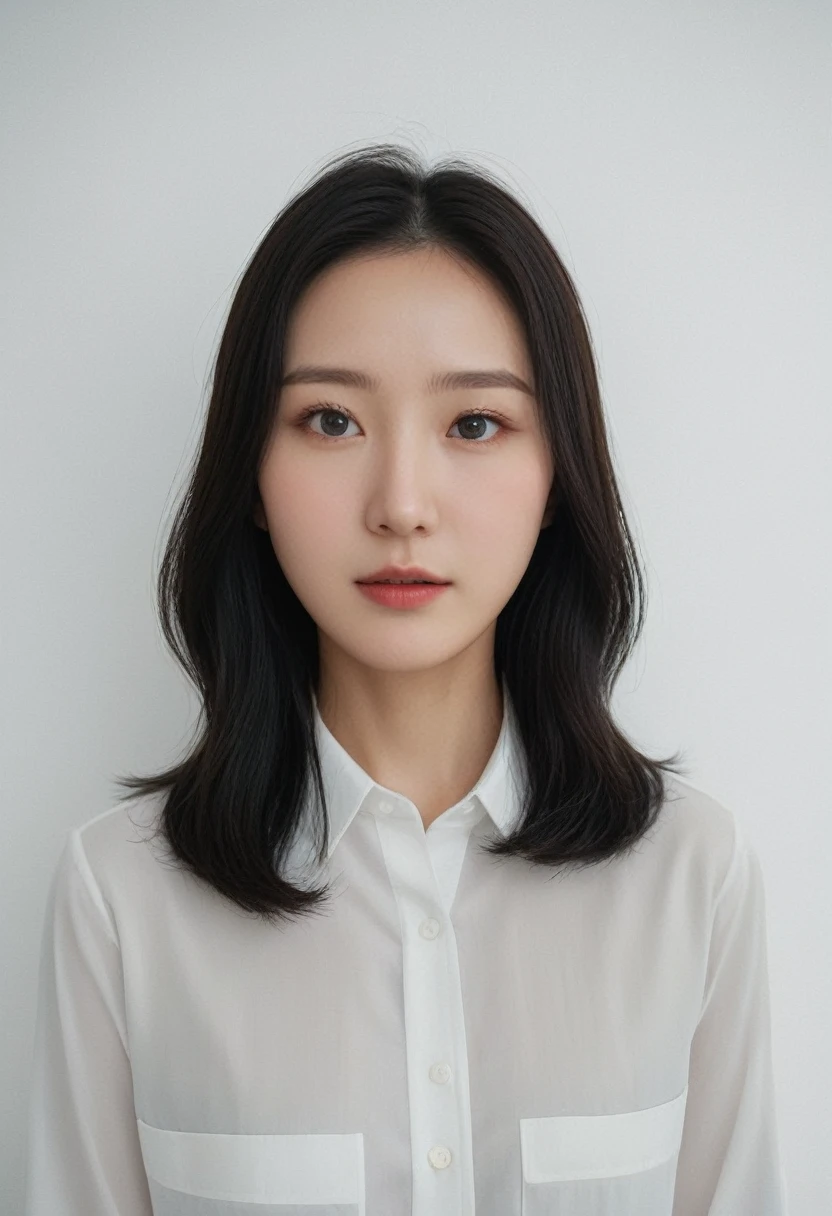Best Quality, 8k, Masterpiece, (Portrait: 1.3), (photo realistic:1.4), (hyper realistic:1.4), Sharp Focus, looking at viewer, (smoother lighting:1.1), (increase cinematic lighting quality:0.9), realistic lighting, backlighting, light on face, ray trace, (brightening light:1.2), (Increase quality:1.4), sharp detail, (best quality real texture skin:1.4), finely detailed eyes, black_eyes, finely detailed face, 25 year old Korean woman, (rilled_shirt:1.4), (Create an image maintaining the original base model hairstyle:1.5)