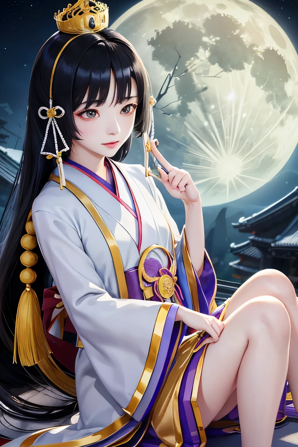 Kaguya、Kaguya、kaguya、Warriors Series、Unparalleled OROCHI、Black Hair、Straight Long、crown、Immortal、Resident of the fairy world、sakaki、sakakiの枝葉を持つ、full moon、（（（ＳＦＷ、sound、Highest quality、first-clasasterpiece、Normal body、8K、Detailed face、Ultra-precision、Normal hand、Normal finger、５Finger、Highest）））