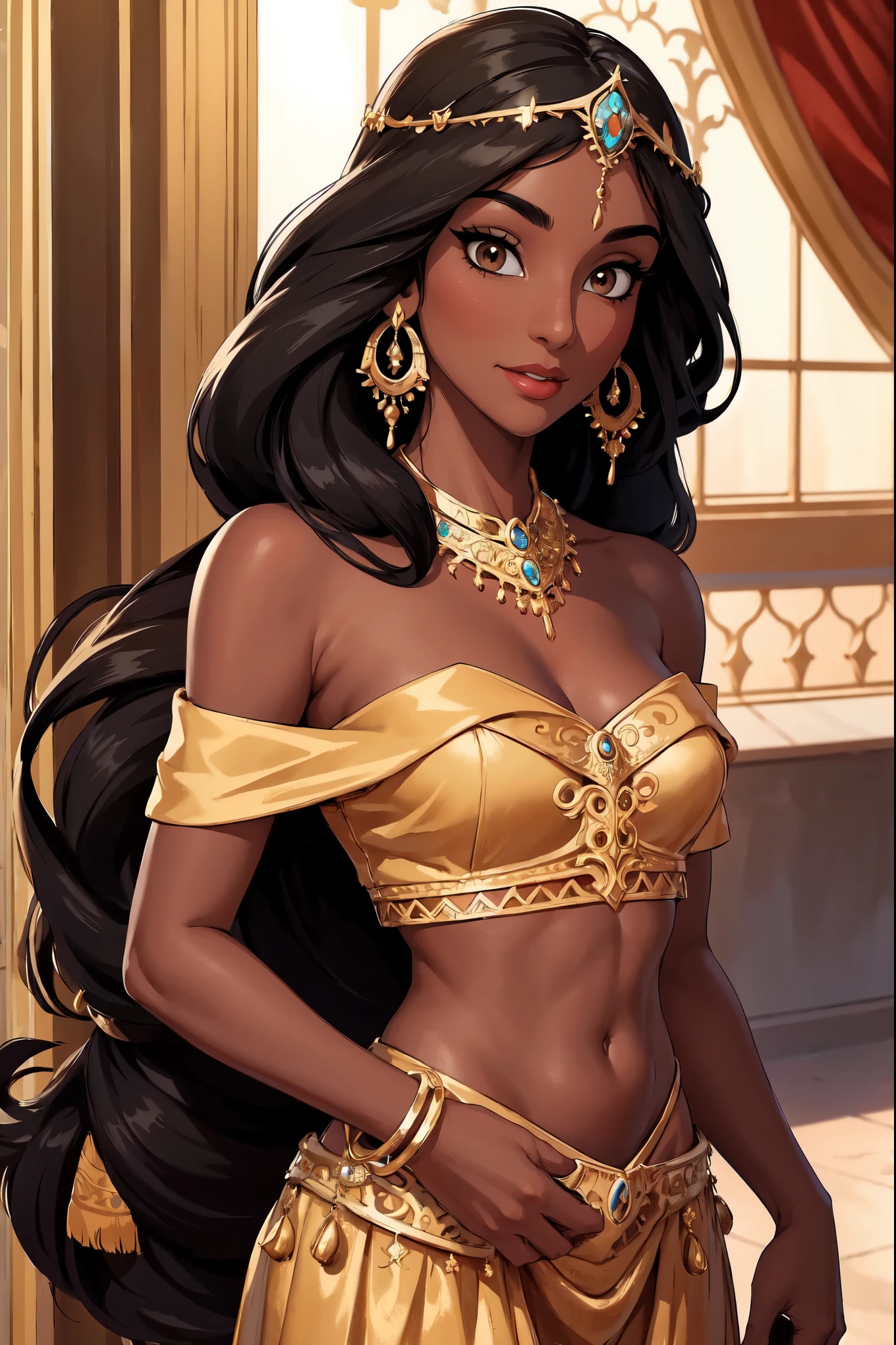 (Masterpiece, Best Quality, Hires:1.2), Detailed, Intricate Details, 12K, portrait, 1Girl, (Solo:1.2), Jasmine, long hair, black hair, brown eyes, jewelry, earrings, dark skin, necklace, off shoulder, circlet,  arabian clothes, looking at viewer, desert background