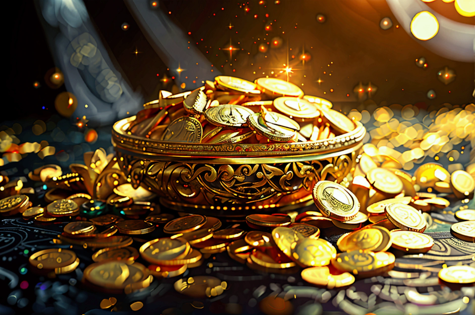 a highly detailed golden treasure, gold coins, gemstones, jewellery, sparkling, glowing, shimmering, opulent, lavish, ornate, exquisite details, intricate designs, reflective surfaces, dramatic lighting, cinematic composition, masterpiece, photorealistic, 8k, hyper detailed, big amount, tresure,