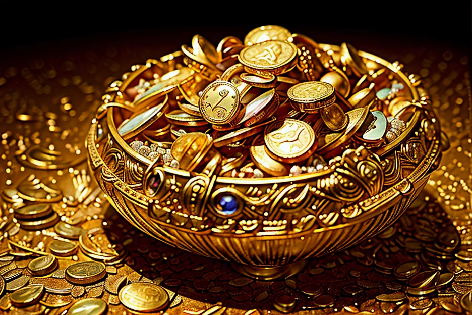 a highly detailed golden treasure, gold coins, gemstones, jewellery, sparkling, glowing, shimmering, opulent, lavish, ornate, exquisite details, intricate designs, reflective surfaces, dramatic lighting, cinematic composition, masterpiece, photorealistic, 8k, hyper detailed, big amount, tresure,