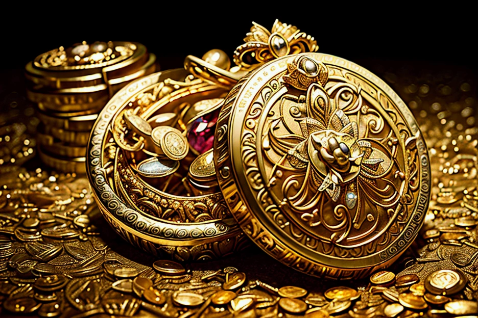 a highly detailed golden treasure, gold coins, gemstones, jewellery, sparkling, glowing, shimmering, opulent, lavish, ornate, exquisite details, intricate designs, reflective surfaces, dramatic lighting, cinematic composition, masterpiece, photorealistic, 8k, hyper detailed, big amount, tresure,