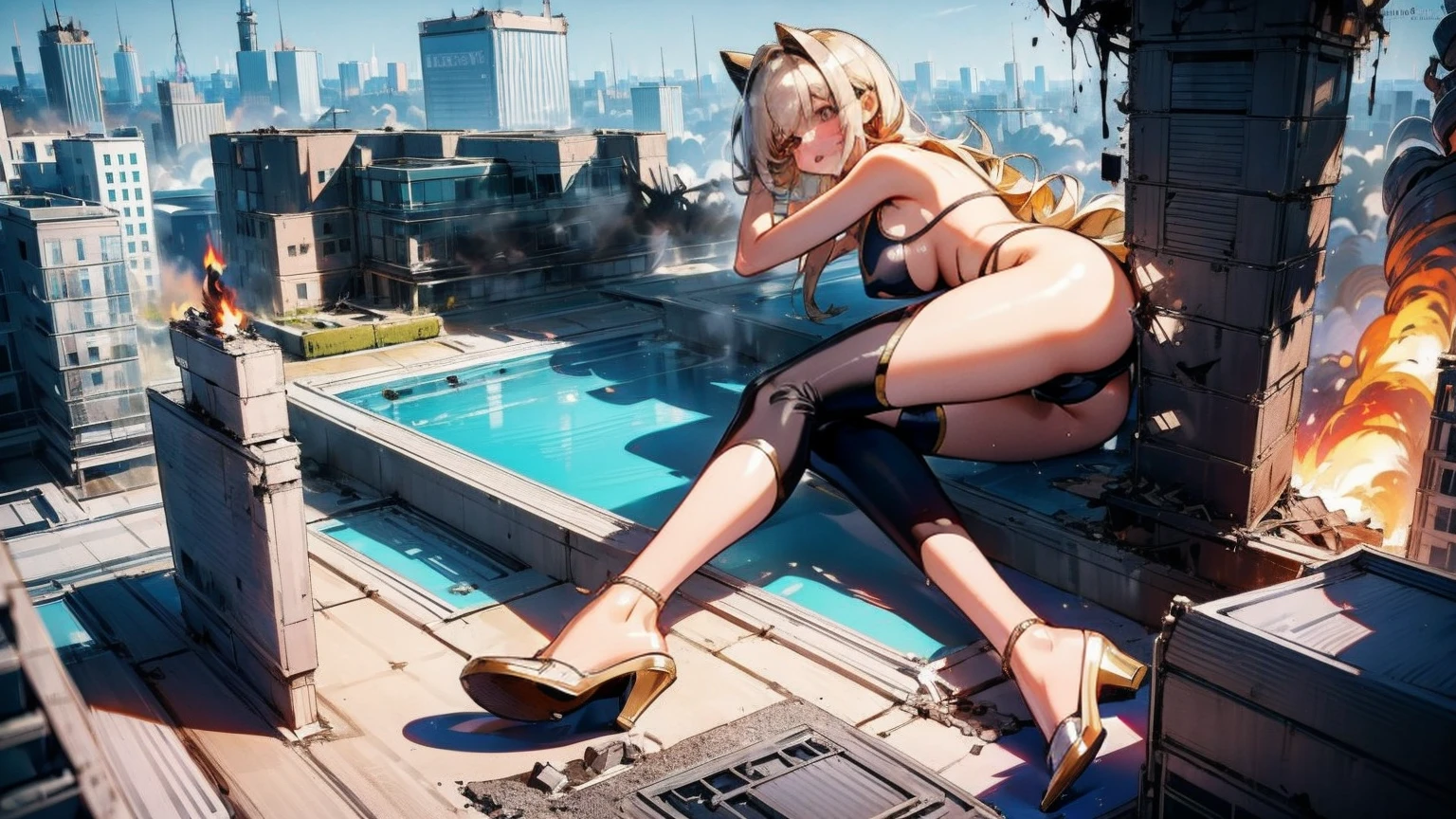 Giantess with firm , long sexy legs, yellow hair and in a bikini is lying on the ground, while the city at her feet burns in flames from the destruction she has caused, while tiny people climb on her body to have sex with her. Giantess, goddess, macrophilia, curvaceous body, hentai, fetish, sexy legs, bikini, high heels, high quality
