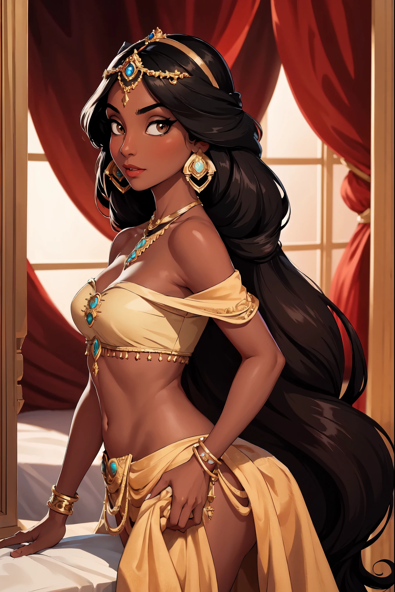 (Masterpiece, Best Quality, Hires:1.2), Detailed, Intricate Details, 12K, portrait, 1Girl, (Solo:1.2), Jasmine, long hair, black hair, brown eyes, jewelry, earrings, dark skin, necklace, off shoulder, circlet,  arabian clothes, looking at viewer, desert background
