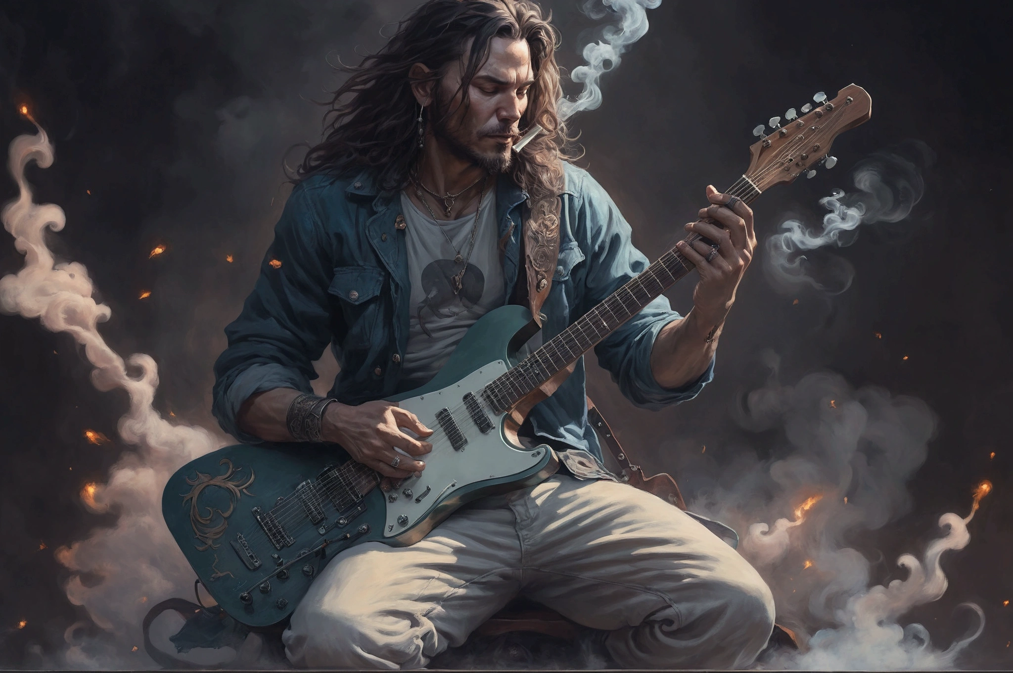 There's a long-haired man playing guitar in the smoke., guitarist, William H.. Pon Cup, Johnny Silverhand, Peter Mohrbacher style, James Gurney's painting style, musician, Background artwork, style of Peter Mohrbacher, Great composition, Peter Mohrbacher. Unreal Engine, Artstation Contest Winner, in style of Peter Mohrbacher